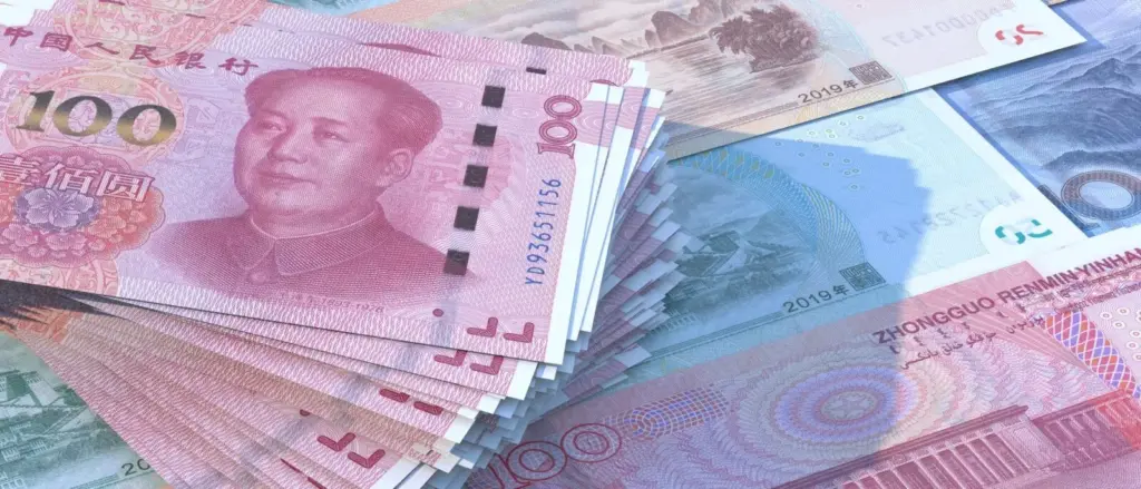 Chinese paper currency Yuan banknotes background. China economy, finance banking. 3d illustration