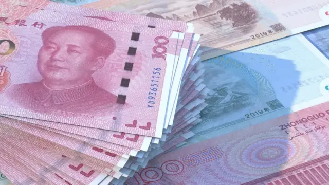 Chinese paper currency Yuan banknotes background. China economy, finance banking. 3d illustration