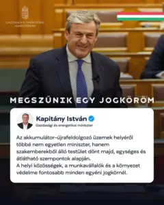 Megszűnik a gazdasági miniszter egyszemélyi döntési jogköre az akkumulátor-újrafeldolgozó üzemek ügyében
