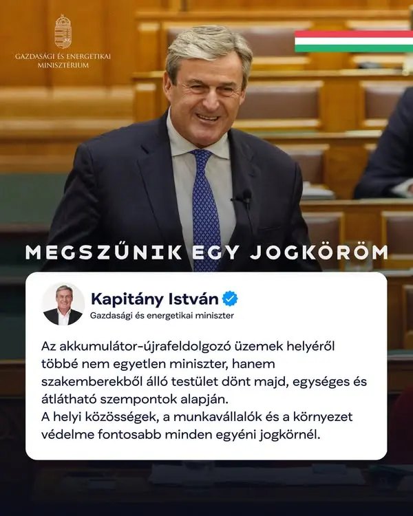 Megszűnik a gazdasági miniszter egyszemélyi döntési jogköre az akkumulátor-újrafeldolgozó üzemek ügyében