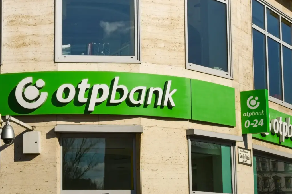 BUDAPEST, HUNGARY - MARCH 2019: Signs above the entrance to a branch of the Otpbank in Budapest