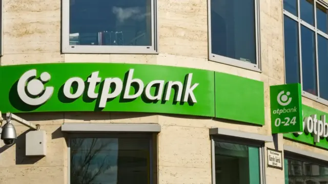 BUDAPEST, HUNGARY - MARCH 2019: Signs above the entrance to a branch of the Otpbank in Budapest