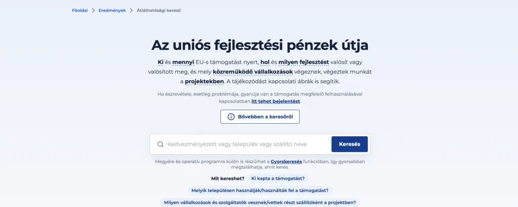 Új kereshető adatbázist indított a Vidék- és Településfejlesztési Minisztérium az uniós forrásokról